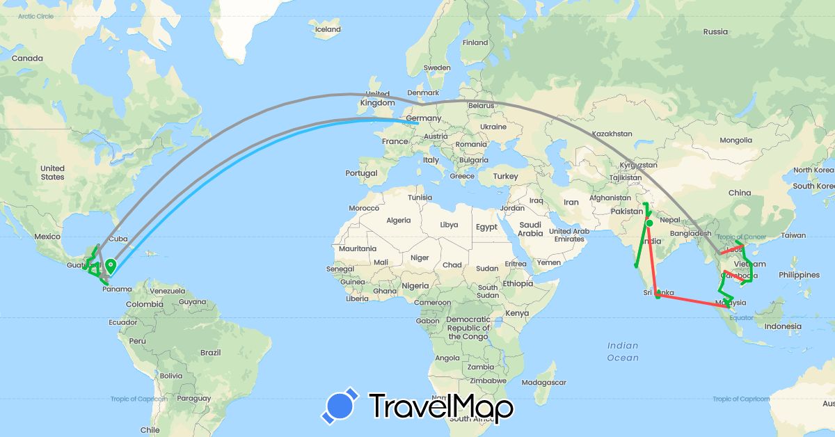 TravelMap itinerary: bus, plane, hiking, boat in Belize, Costa Rica, Germany, Guatemala, Honduras, India, Sri Lanka, Mexico, Malaysia, Nicaragua, El Salvador, Thailand, Vietnam (Asia, Europe, North America)